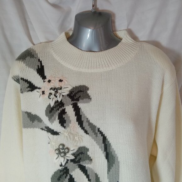 ALIA Pink White Embroidered Knit Pullover Sweater Size L Grannycore 1980s - Picture 3 of 13